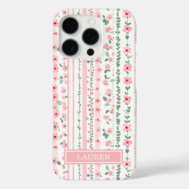 Funda iPhone 16 Pro Floral Personalizado con Rayas Rosadas (Reverso )