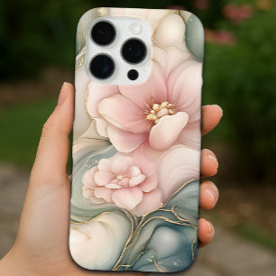 Funda iPhone 16 Pro Floral rosa de lujo con patrón de mármol de ensueñ