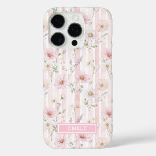 Funda iPhone 16 Pro Florecilla Silvestre Rosa Monogramada con Rayas