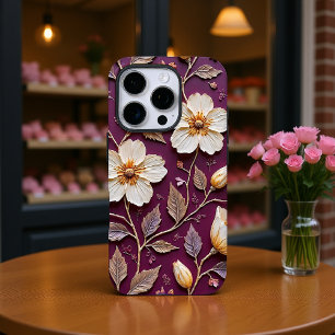 Funda iPhone 16 Pro Flores blancas cremosas sobre textura oscura