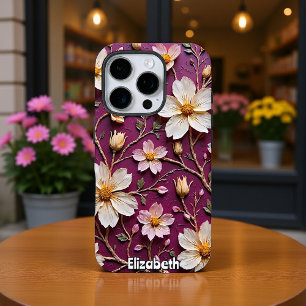 Funda iPhone 16 Pro Flores de crema elegantes sobre púrpura texturada