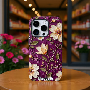 Funda iPhone 16 Pro Flores de crema sobre púrpura texturada