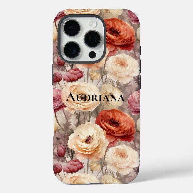 Funda iPhone 16 Pro Flores de primavera de crema de borgoña (Reverso )