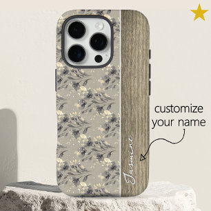 Funda iPhone 16 Pro Flores de primavera grises vintage con nombre pers