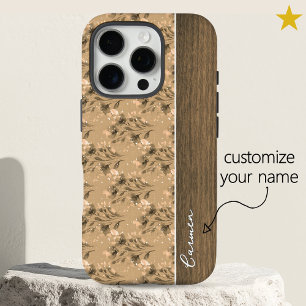 Funda iPhone 16 Pro Flores Marrones de Primavera Vintage con Nombre Pe