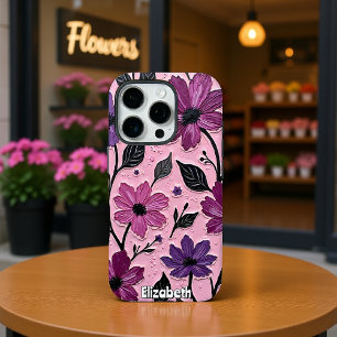 Funda iPhone 16 Pro Flores moradas texturadas sobre rosa