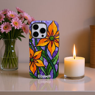 Funda iPhone 16 Pro Flores Naranjas audaces con fondo morado