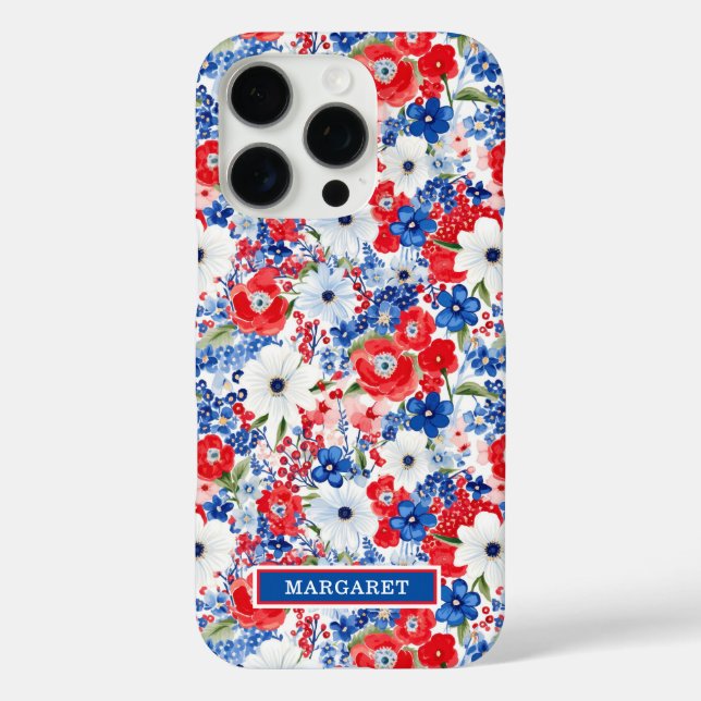 Funda iPhone 16 Pro Flores Patrióticas Monogramadas (Reverso )