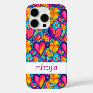 Funda iPhone 16 Pro Flores Retro Groovy Hippie Corazones Personalizado