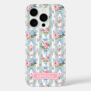 Funda iPhone 16 Pro Flores y lazos azules y rosados a rayas