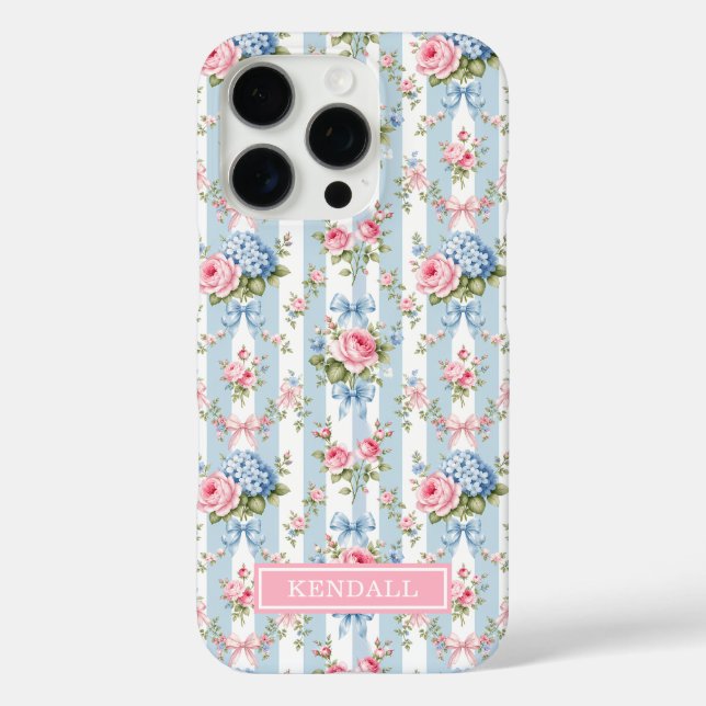 Funda iPhone 16 Pro Flores y lazos azules y rosados a rayas (Reverso )