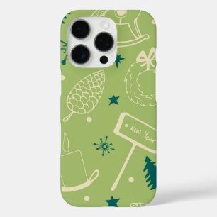 Funda iPhone 16 Pro Fondo Verde Con Árboles De Navidad, Rótulos, Estre