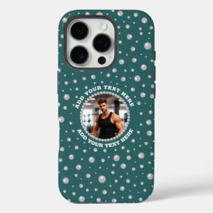 Funda iPhone 16 Pro Foto personalizada con círculo de perlas sobre azu