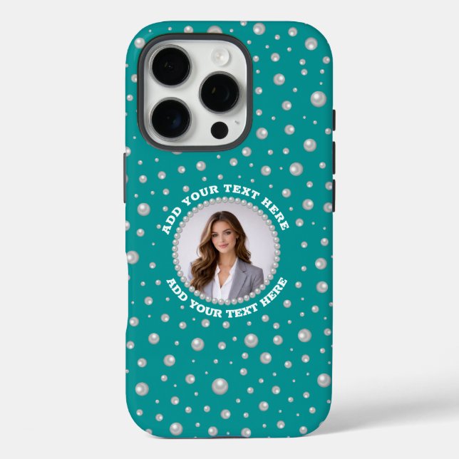 Funda iPhone 16 Pro Foto personalizada en círculo de perlas sobre verd (Reverso )