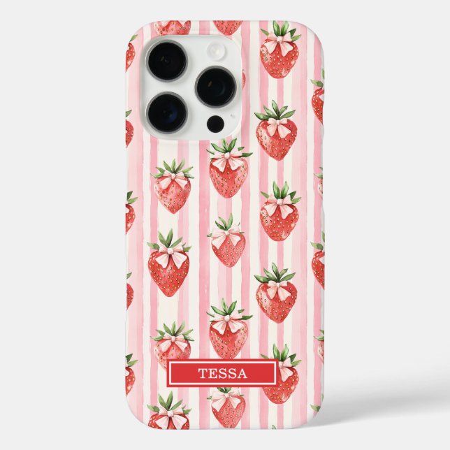 Funda iPhone 16 Pro Fresas acuarela con lazos coquette (Reverso )