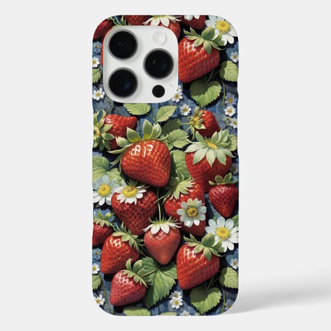 Funda iPhone 16 Pro Fresas Frescas Recogidas y Flores Blancas (Reverso )