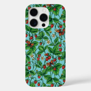 Funda iPhone 16 Pro Fresas silvestres en azul piscina