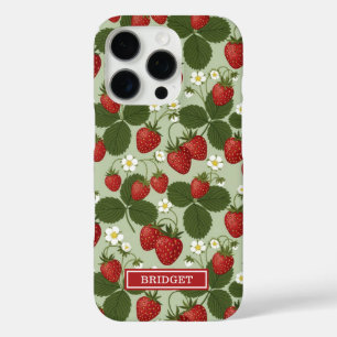 Funda iPhone 16 Pro Fresas Sobre Monograma Verde