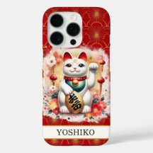 Gato de la Suerte con Flores Rojas Monogramado