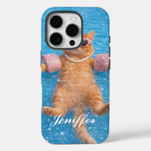 Funda iPhone 16 Pro Gato Glamuroso junto a la Piscina Flotando con Est