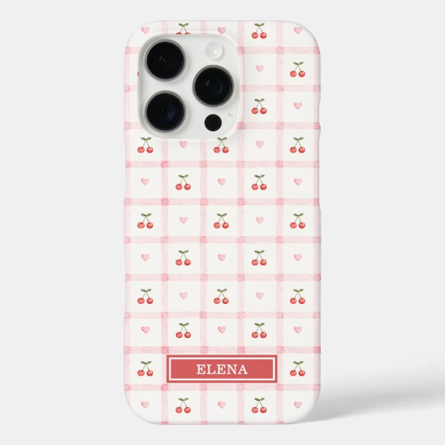 Funda iPhone 16 Pro Gingham Rojo con Cerezas y Lazos Monogramado (Reverso )