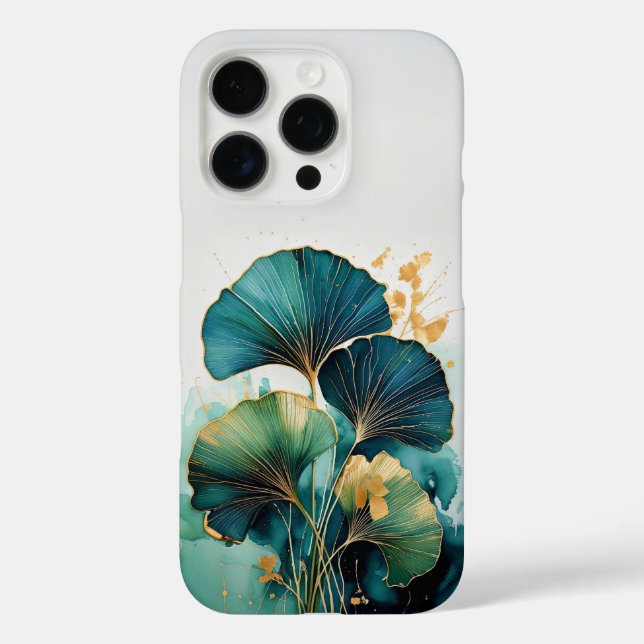 Funda iPhone 16 Pro Ginkgo Botánico Moderno deja un profundo Verde azu (Reverso )