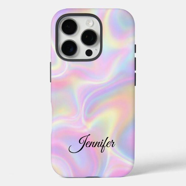 Funda iPhone 16 Pro Girly Vibrant Pastel Holographic Swirl Design      (Reverso )