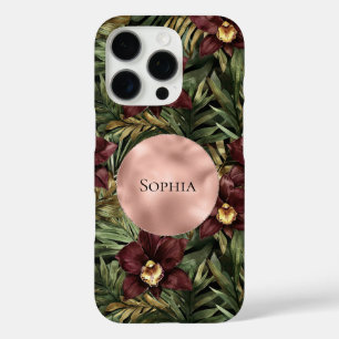 Funda iPhone 16 Pro Glam de oro de Rosa tropical con flores de orquíde