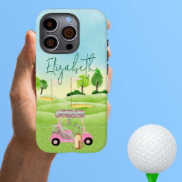 Funda iPhone 16 Pro Glam Purpurina Lady Golfer Clubes de carritos rosa