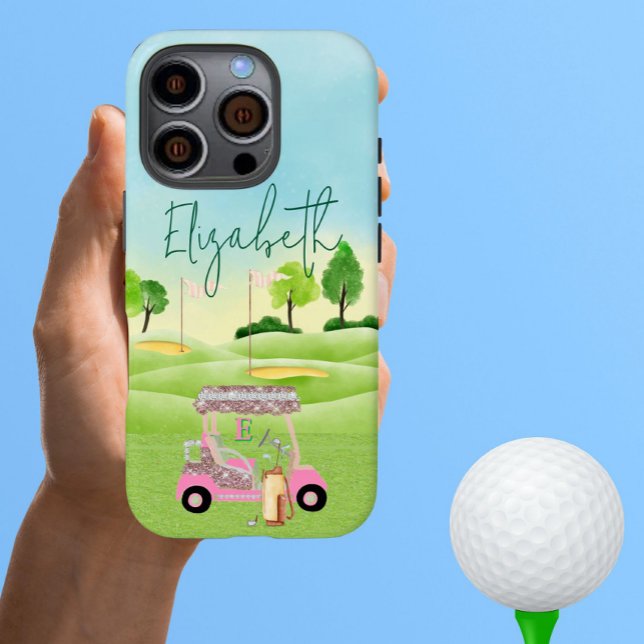 Funda iPhone 16 Pro Glam Purpurina Lady Golfer Clubes de carritos rosa (Subido por el creador)
