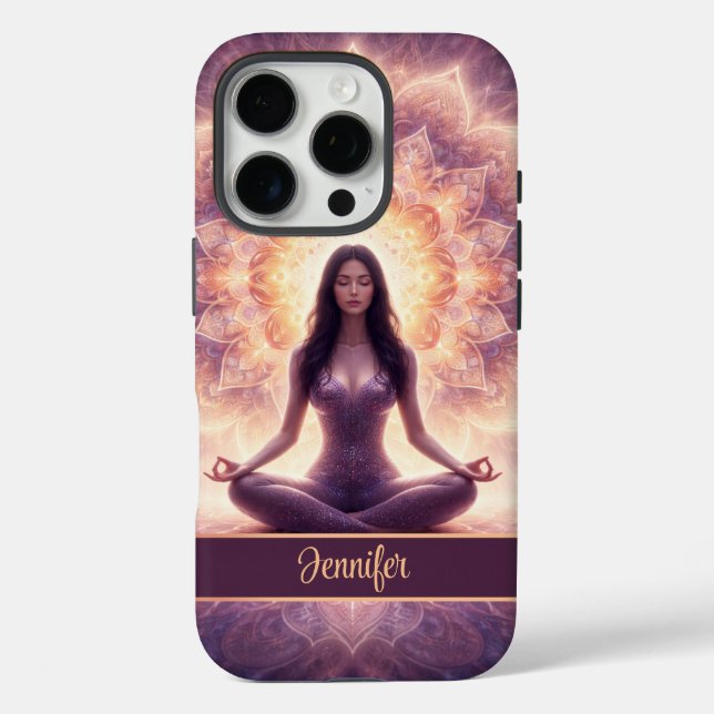 Funda iPhone 16 Pro Glowing Mandala Meditation Woman Custom Name       (Reverso )