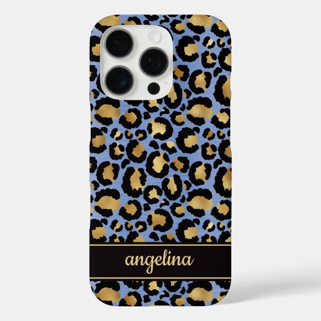 Funda iPhone 16 Pro Gold Foil On Blue Leopard Print Monogrammed (Reverso )