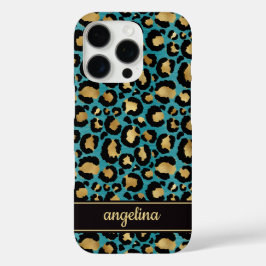 Funda iPhone 16 Pro Gold Foil On Teal Leopard Print Monogrammed