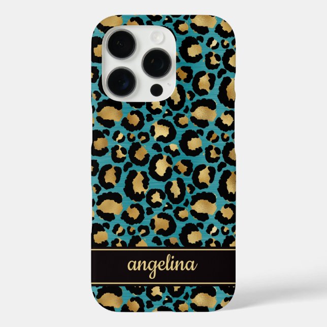 Funda iPhone 16 Pro Gold Foil On Teal Leopard Print Monogrammed (Reverso )