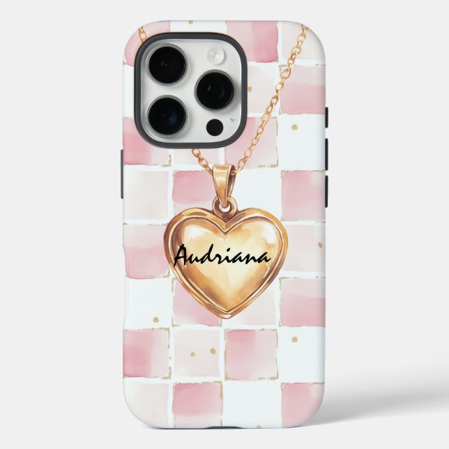 Funda iPhone 16 Pro Gold Heart Necklace Pink White Squares (Reverso )
