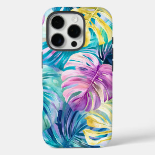 Funda iPhone 16 Pro Golden Watercolor Tropical Leaves Paradise