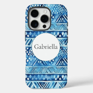 Funda iPhone 16 Pro Goles tribales azules de Aqua White