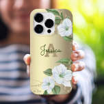 Funda iPhone 16 Pro Guión Monograma de Glam Floral Gold Giroral Floral<br><div class="desc">Una moda, impresionante, sofisticada, blanca y falsa purpurina dorada color de agua floral con tipografía de guion personalizada y un monograma tipo san serif superponen inicialmente un elegante fondo de Relieve metalizado dorado cepillado de cristal en esta moda, elegante y moderna caja de teléfonos celulares. Personaliza con tu nombre y...</div>