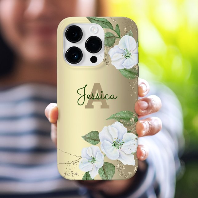 Funda iPhone 16 Pro Guión Monograma de Glam Floral Gold Giroral Floral (Subido por el creador)