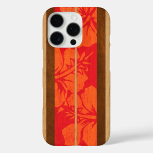 Funda iPhone 16 Pro Haleiwa Surfboard Faux Wood Hibiscus in Red