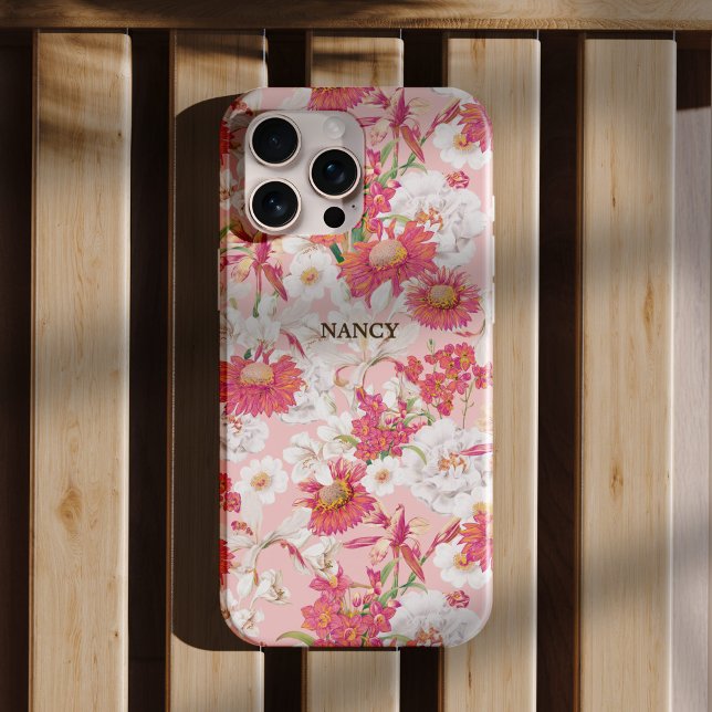 Funda iPhone 16 Pro Hermoso Personalizado del nombre del jardín botáni (The pretty, beautiful botanical garden blooming in spring in pink color tone on custom phone case)