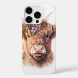 Funda iPhone 16 Pro Highland Cow with Floral Crown Watercolor Illustra