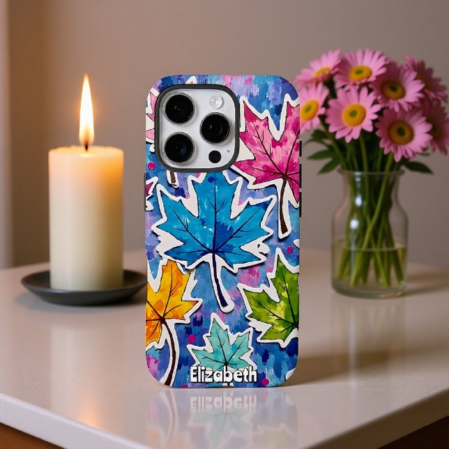 Funda iPhone 16 Pro Hojas de arce pintadas sobre azul (Subido por el creador)