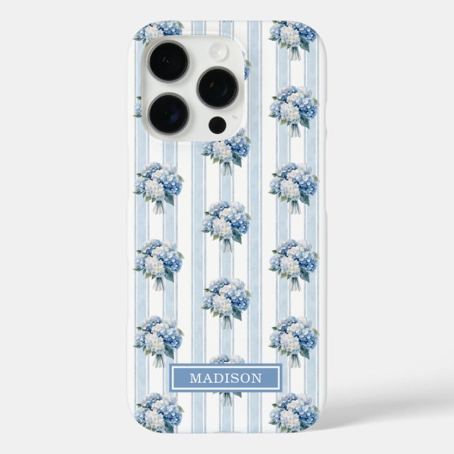 Funda iPhone 16 Pro Hortensias Azules sobre Rayas (Reverso )