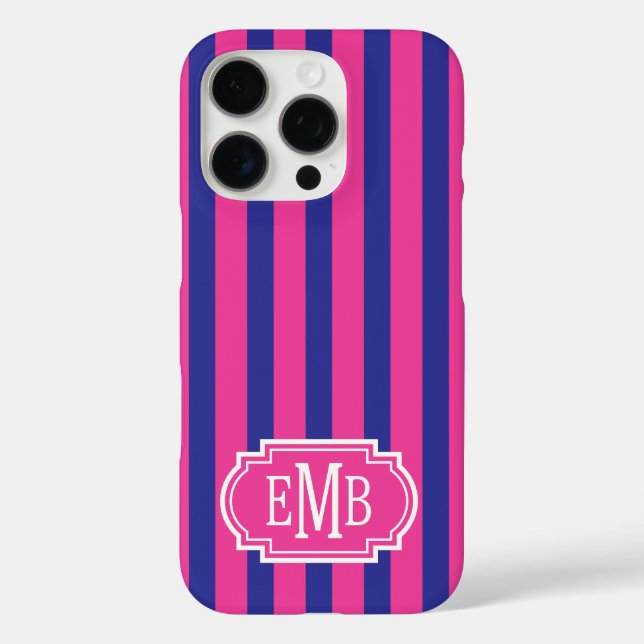 Funda iPhone 16 Pro Hot Pink and Navy Blue Monogrammed Stripes (Reverso )
