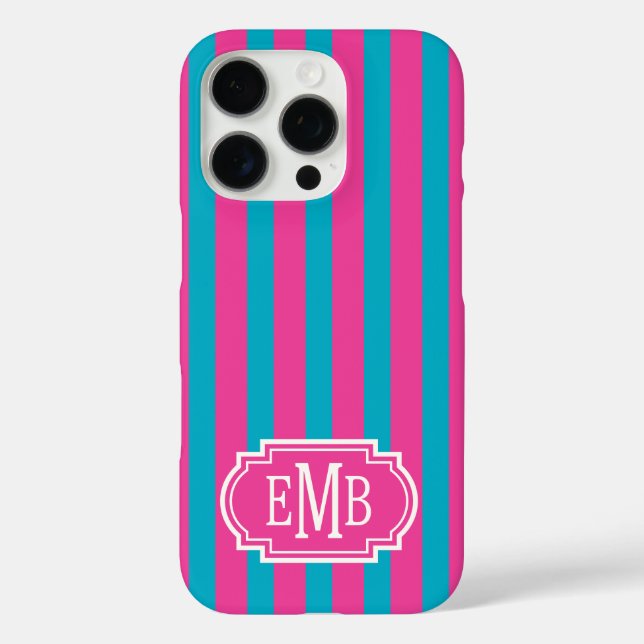 Funda iPhone 16 Pro Hot Pink and Turquoise Monogrammed Stripes (Reverso )
