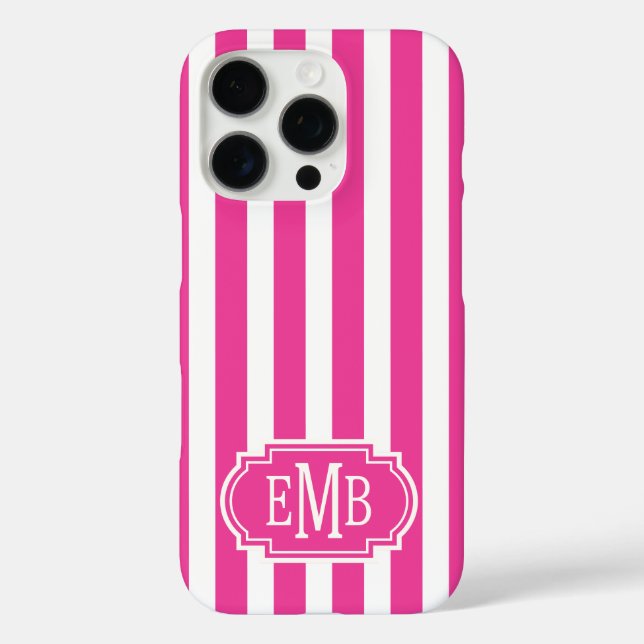 Funda iPhone 16 Pro Hot Pink and White Monogrammed Stripes (Reverso )