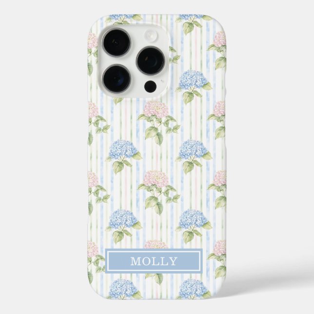 Funda iPhone 16 Pro Hydrangea Azul Acuarela Rayada Personalizada  (Reverso )
