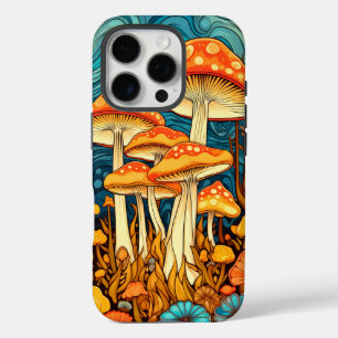 Funda iPhone 16 Pro Ilustración Artística Retro de Bosque de Hongos