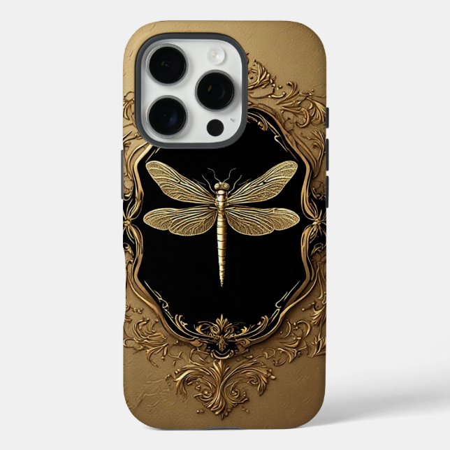 Funda iPhone 16 Pro Ilustración elegante de libélula dorada (Reverso )